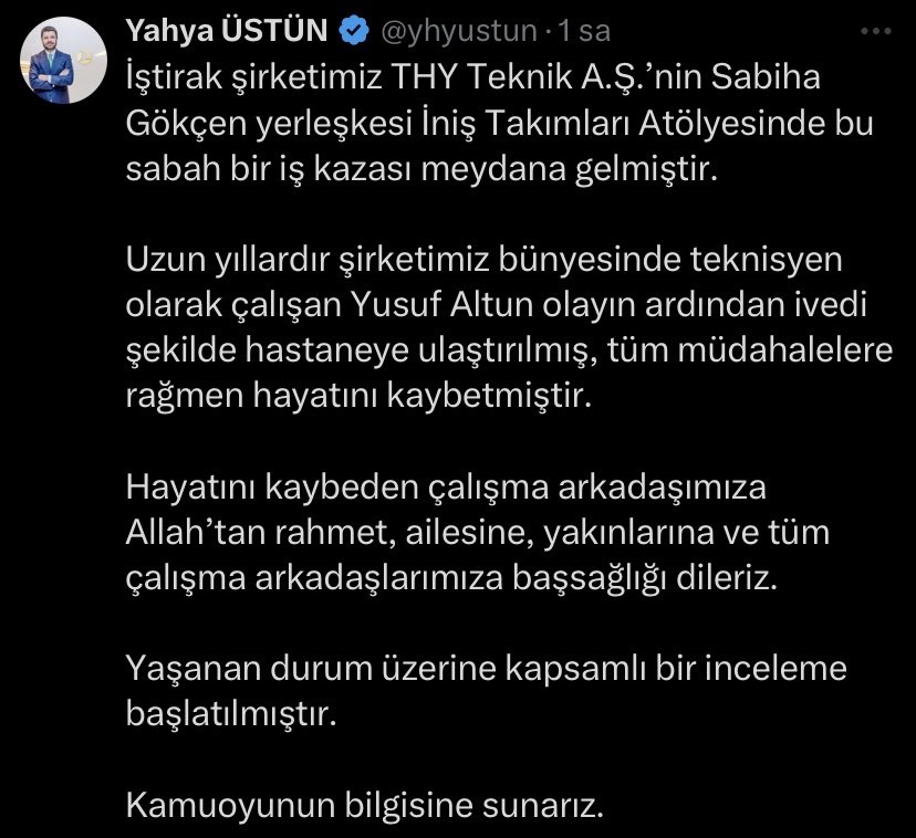 THY İletişim Başkanı Yahya Üstün’den "iş kazası" açıklaması

