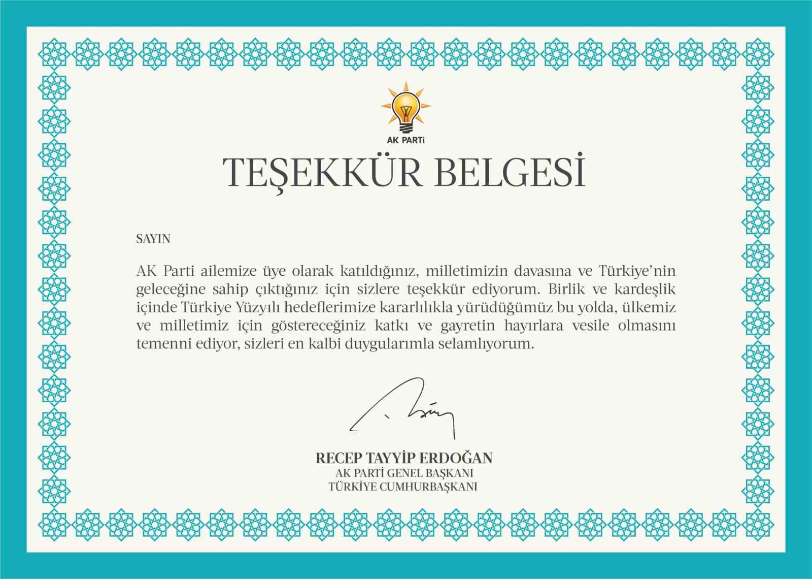 AK Parti’den 11,5 milyon üyesine Cumhurbaşkanı Erdoğan imzalı teşekkür belgesi

