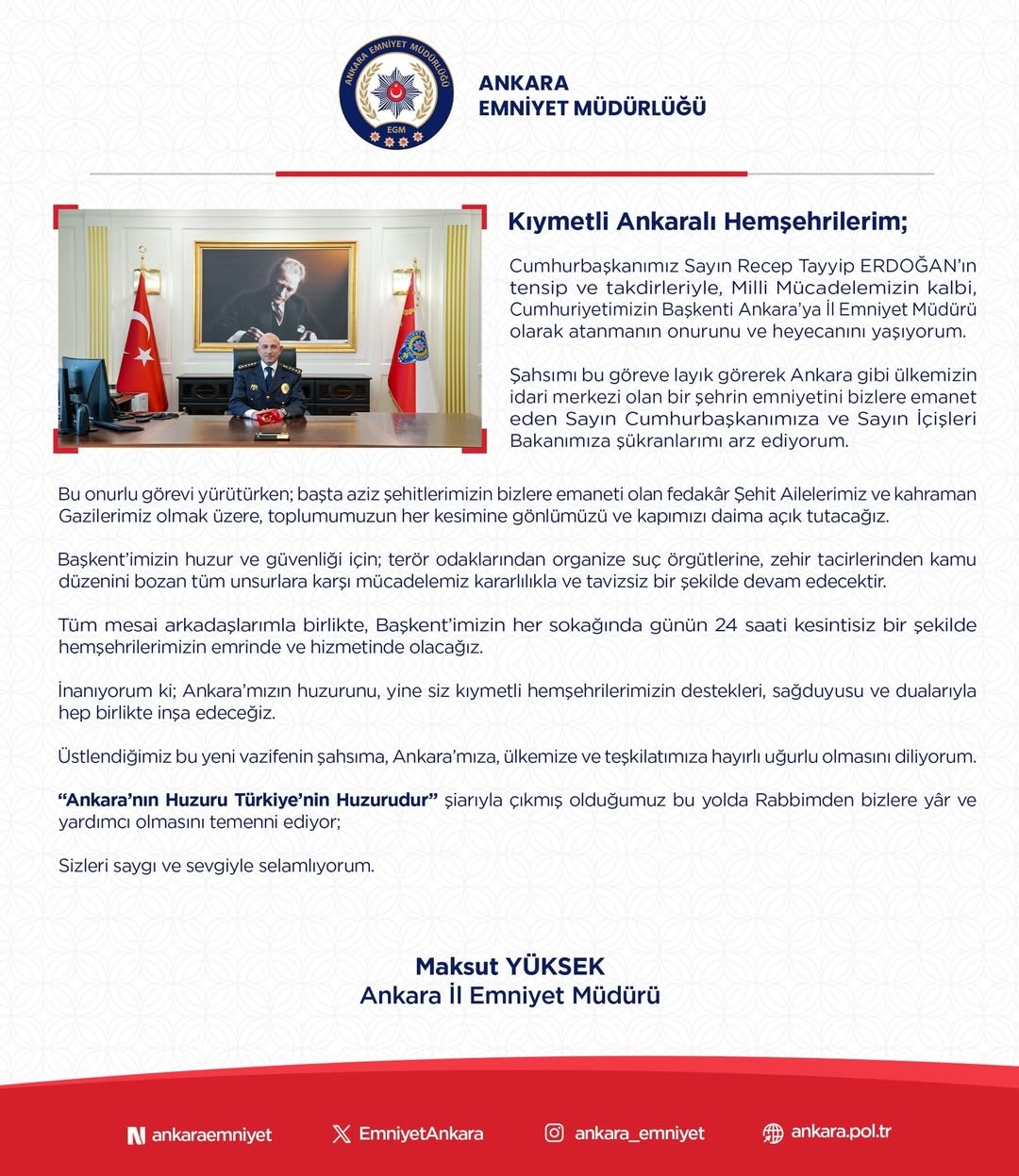 Ankara İl Emniyet Müdürü Yüksek: "Mücadelemiz kararlılıkla ve tavizsiz bir şekilde devam edecektir"
