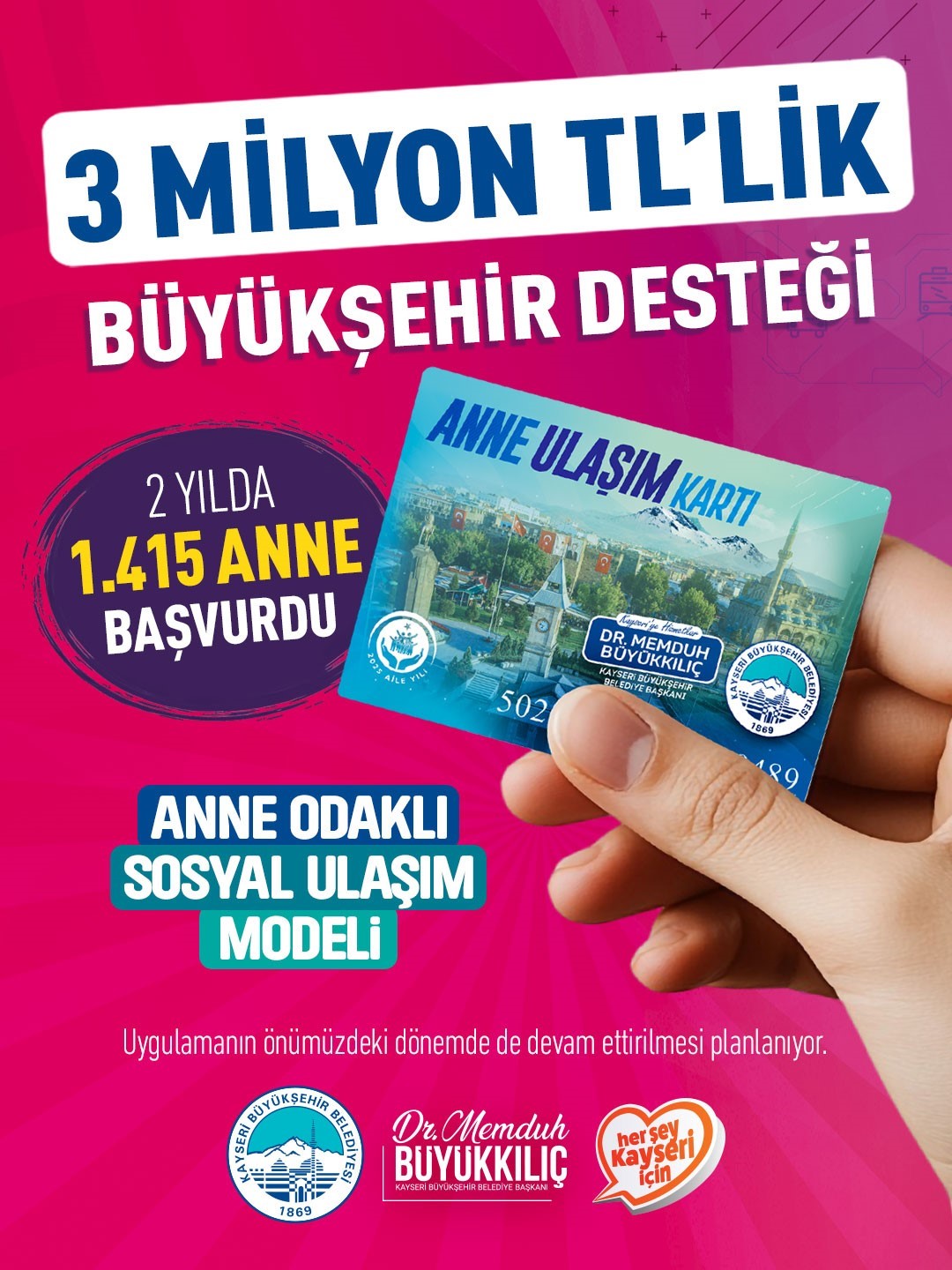 ‘Anne Ulaşım Kartı’ ile annelerin ulaşımına 3 milyon TL’lik büyükşehir desteği
