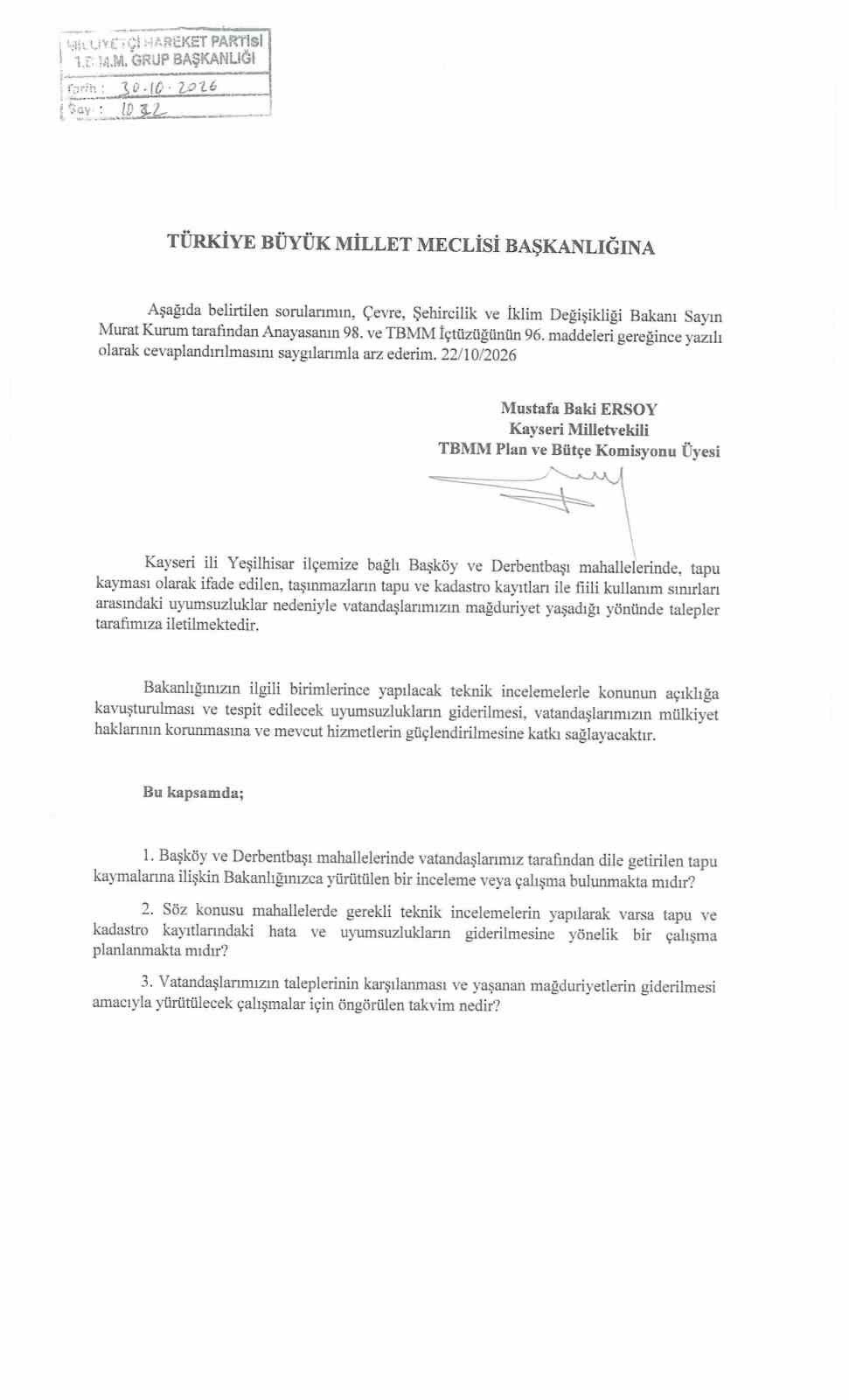 Baki Ersoy, Yeşilhisar’daki tapu kaymalarını TBMM gündemine taşıdı
