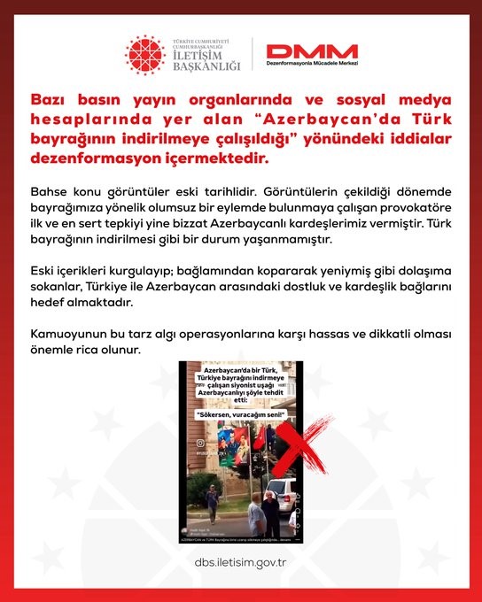 DMM’den, "Azerbaycan’da Türk bayrağının indirilmeye çalışıldığı" iddialarına yalanlama
