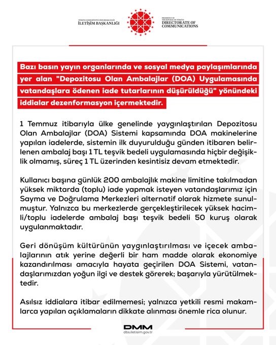 DMM’den "DOA Uygulamasında vatandaşlara ödenen iade tutarının düşürüldüğü" iddialarına yalanlama
