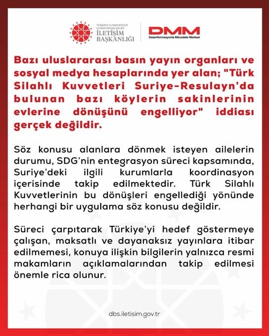 DMM’den, "Türk Silahlı Kuvvetleri Suriye’de bazı köy sakinlerinin evlerine dönüşünü engelliyor" iddialarına yalanlama
