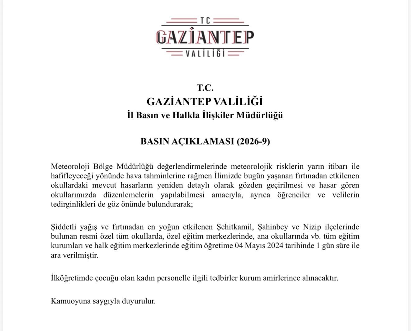 Gaziantep’te fırtına sonrası okullar tatil edildi
