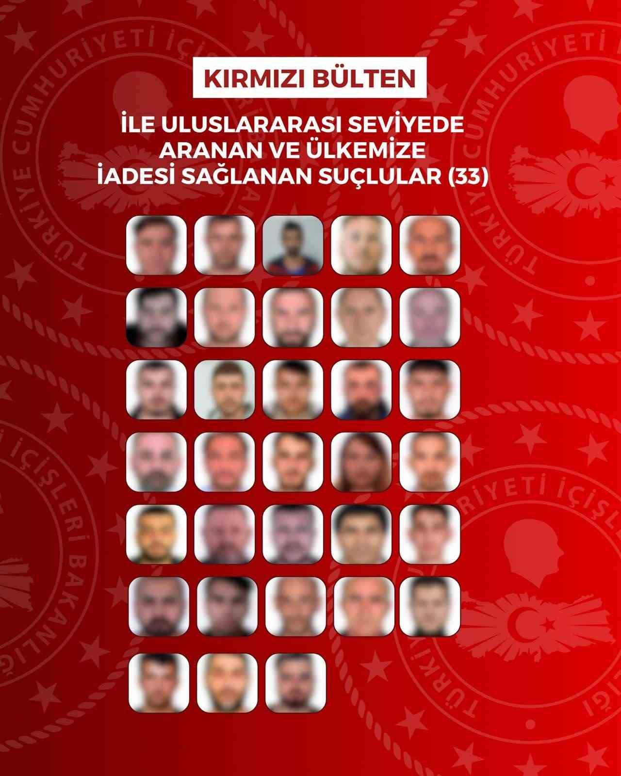 İçişleri Bakanlığı: "Kırmızı bültenle aranan 33, ulusal seviyede aranan 30 suçlu ülkemize geri getirildi"
