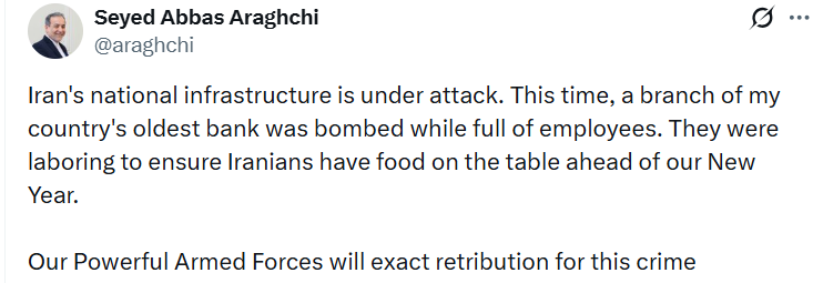 İran Dışişleri Bakanı Arakçi: "Çalışanlarla dolu bir banka bombalandı"
