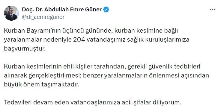 İstanbul İl Sağlık Müdürü Güner: "Kurban Bayramı’nın üçüncü gününde 204 kişi yaralandı"
