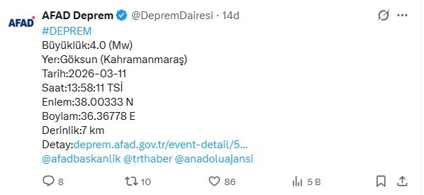 Kahramanmaraş’ta 4 büyüklüğünde deprem

