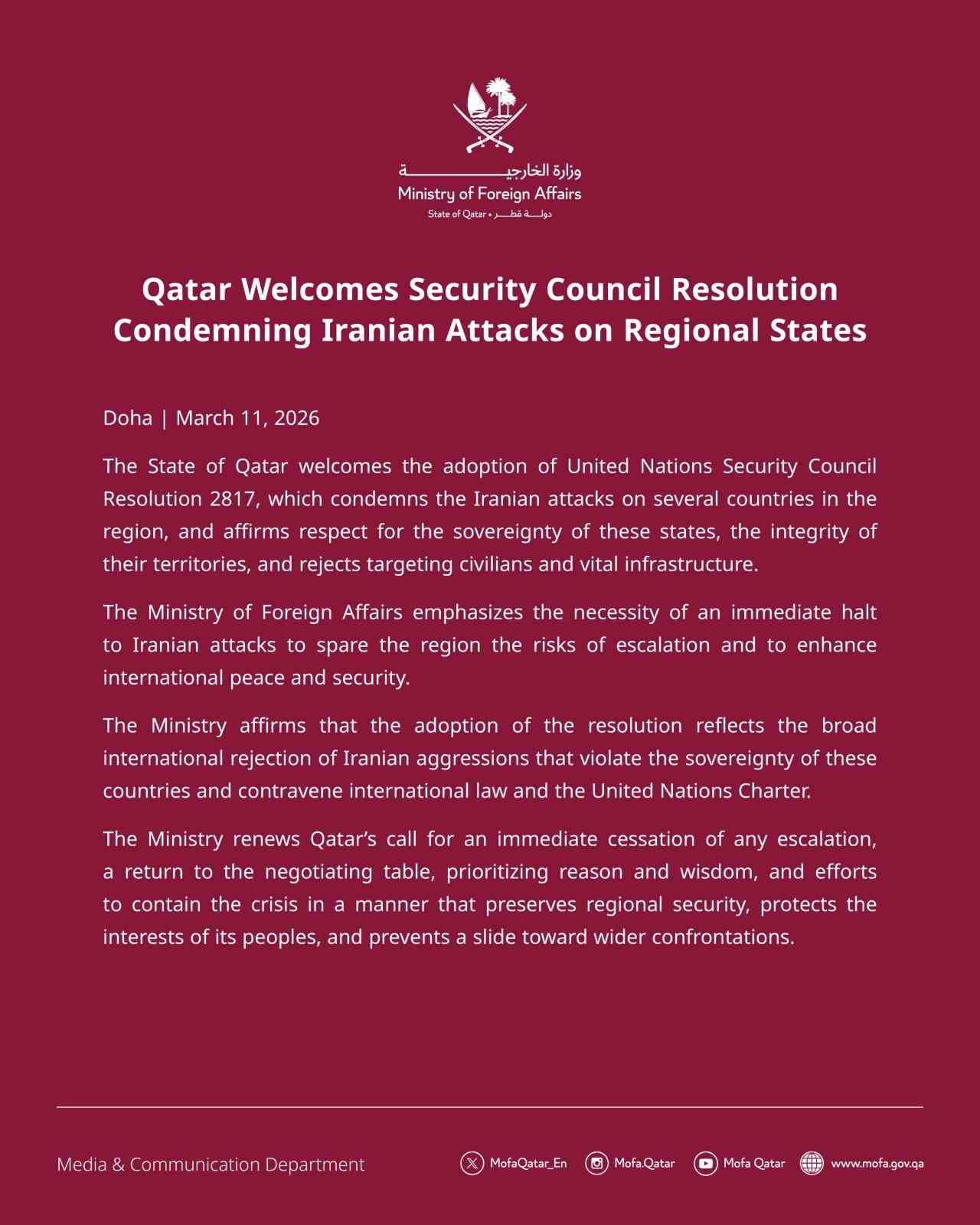 Katar’dan İran saldırılarını kınayan BM tasarısına destek açıklaması
