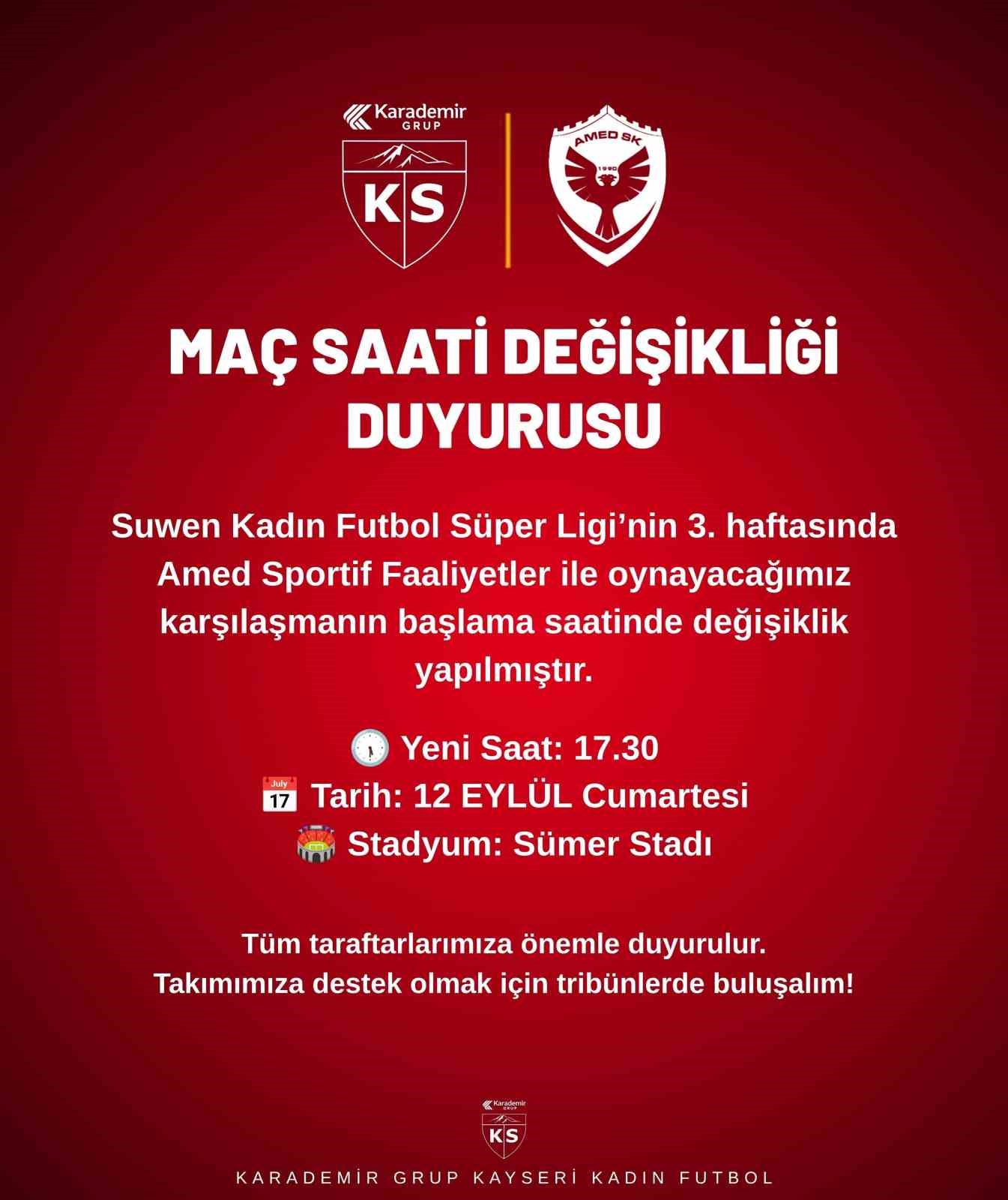 Kayseri Kadın FK’nın Amed’i konuk edeceği maçın saati değişti

