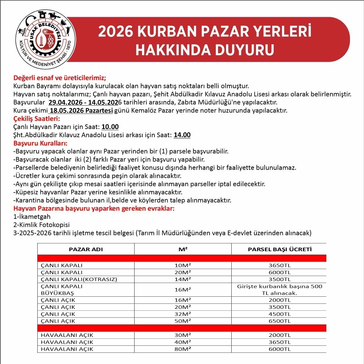 Uşak’ta kurban satış yerleri belli oldu
