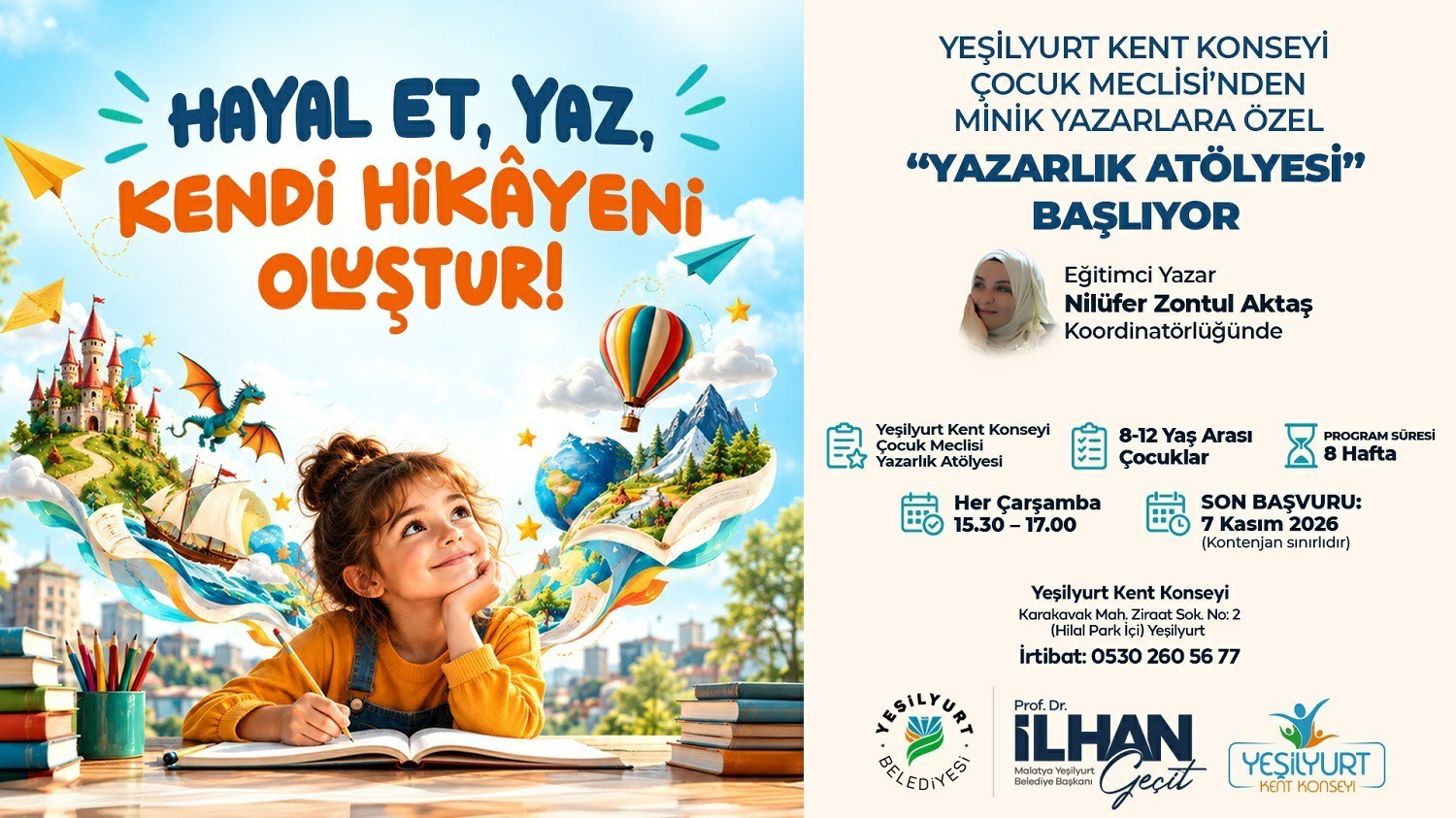 Yeşilyurt Kent Konseyi’nde minik yazarlar için Yazarlık Atölyesi başlıyor
