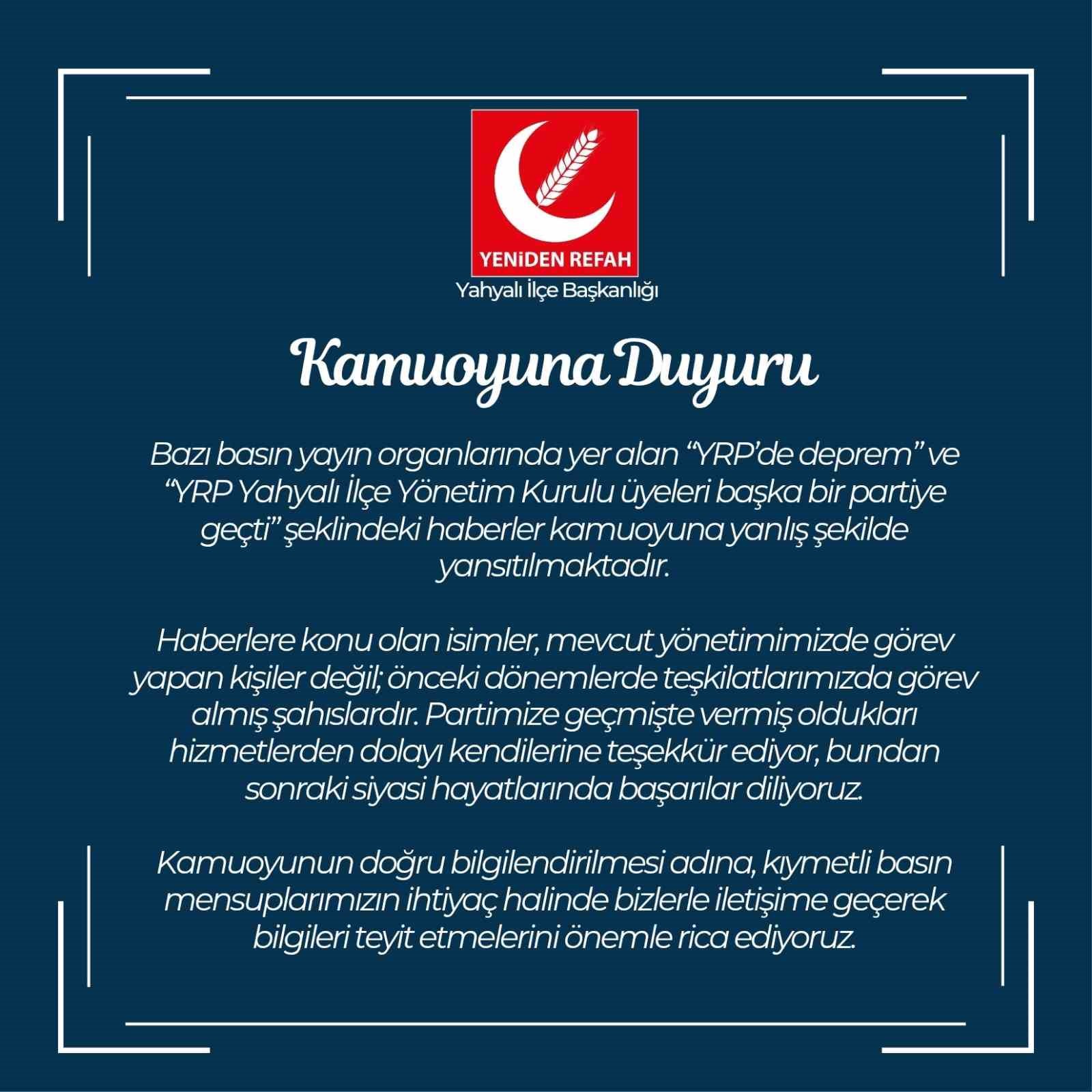 YRP Kayseri İl Başkanlığı’ndan kamuoyu açıklaması
